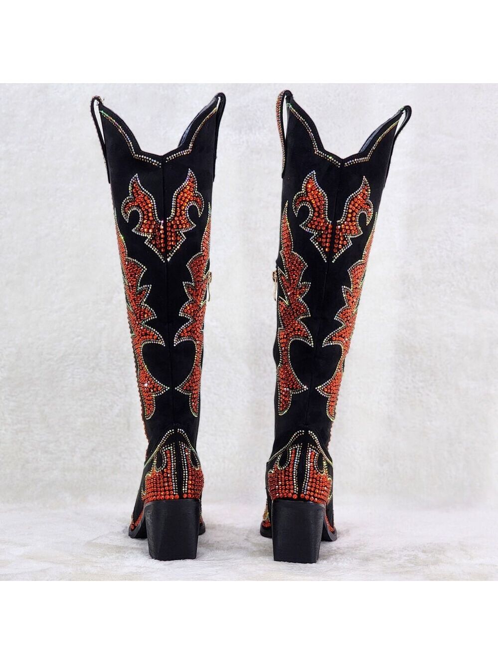 NIB Harley Girl Country Western Cowgirl Knee Boots Rhinestones Black Orange - Picture 5 of 16